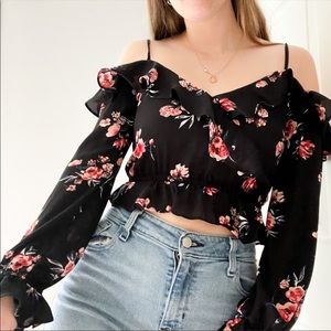 H&M DIVIDED: Floral Print Semi Sheer Ruffled Tank Top Off The Shoulder Blouse 8
